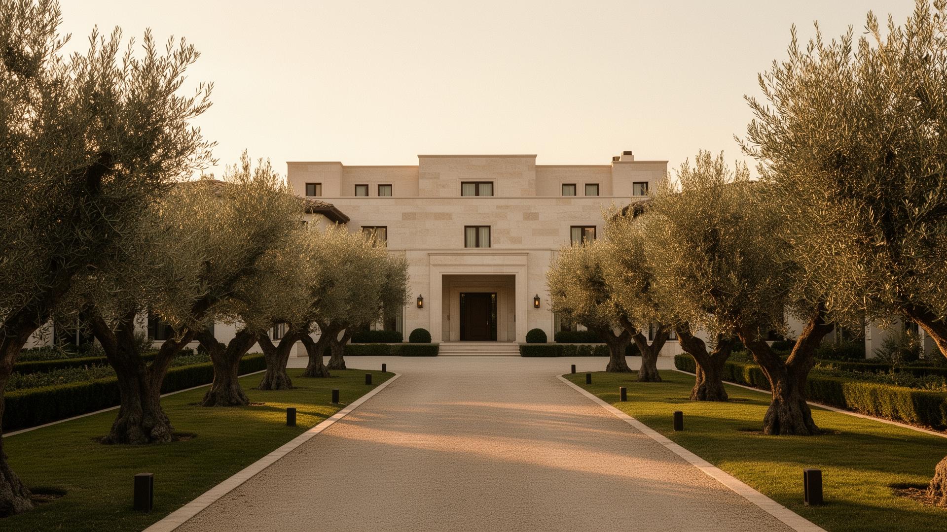 Private estate driveway lined with olive trees at golden hour