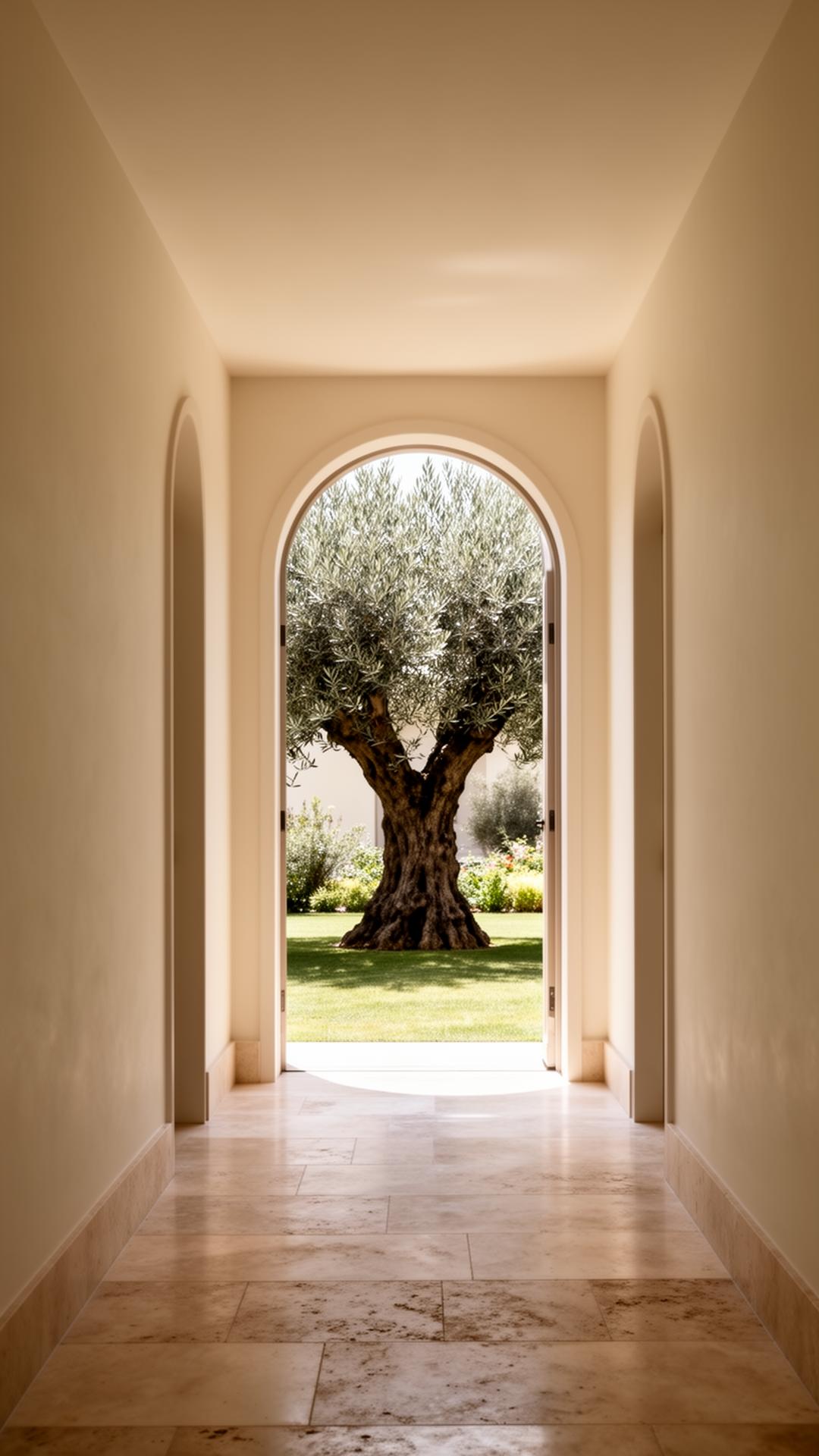 Sunlit estate hallway opening onto an olive tree